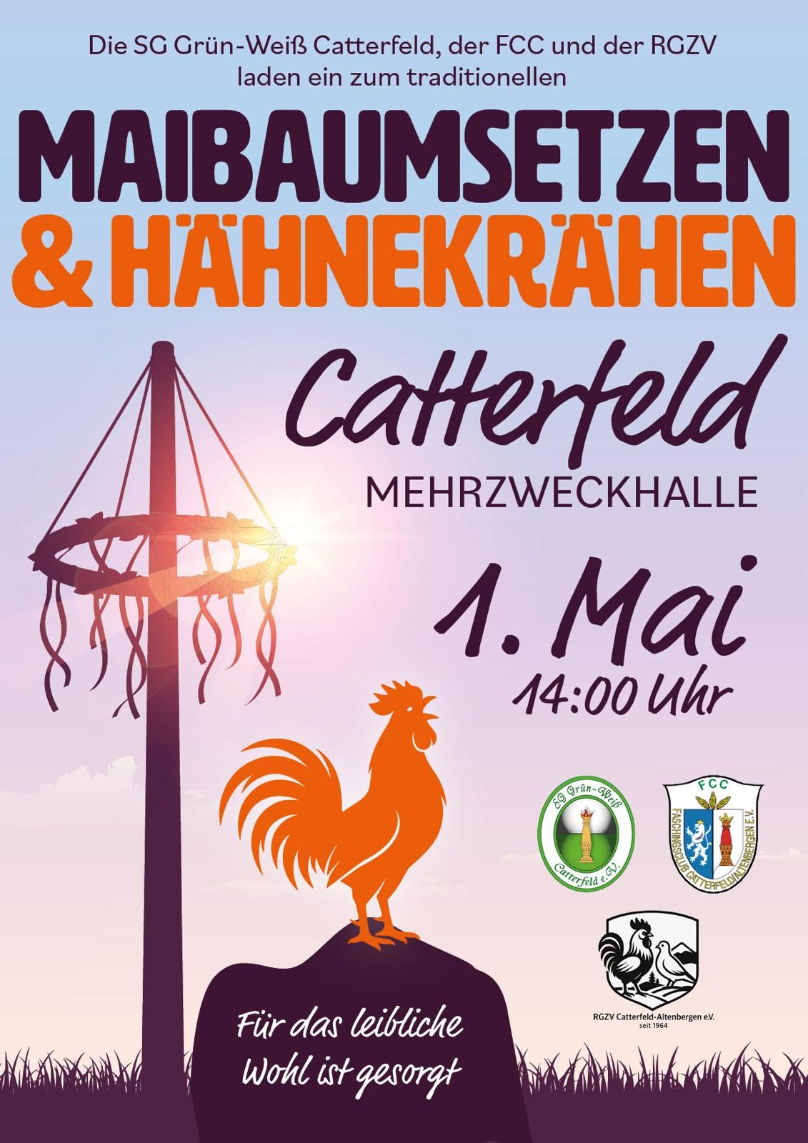 Plakat: Maibaumsetzen & Hähnekrähen am 1. Mai in Catterfeld